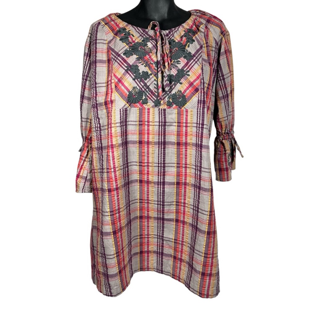 Ivy Jane Plaid Tunic / Dress Size Large 324112 Embroidered 3/4 Bell Sleeves - Picture 2 of 10